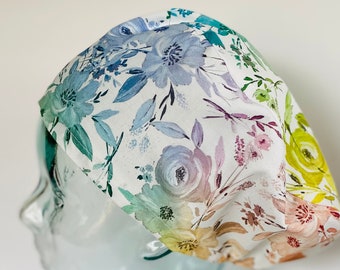 Rainbow Ombre Floral European Style Adjustable Scrub Cap, Satin Lining Optional, Ponytail Style Optional, Buttons Optional