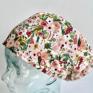 Rifle Paper Co Petite Garden Party Rose Euro Style Adjustable Scrub Cap or Ponytail Style Scrub Cap, Satin Lining Optional, Buttons Optional