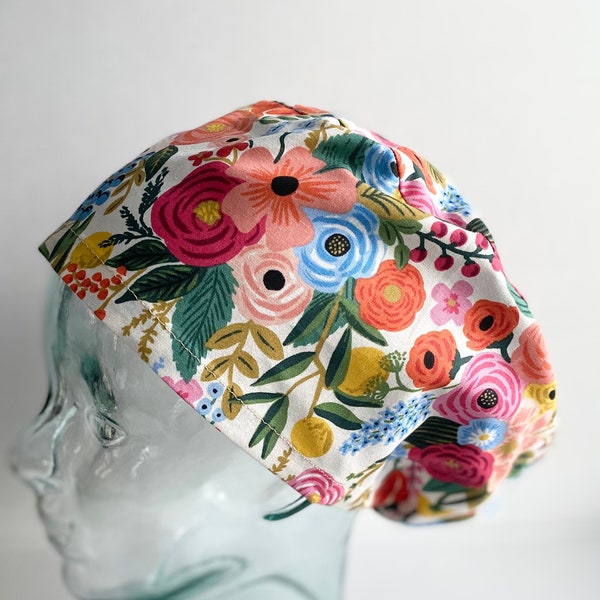 Rifle Paper Co Garden Party Cream Euro Style Adjustable Scrub Cap or Ponytail Style Scrub Cap, Satin Lining Optional, Buttons Optional
