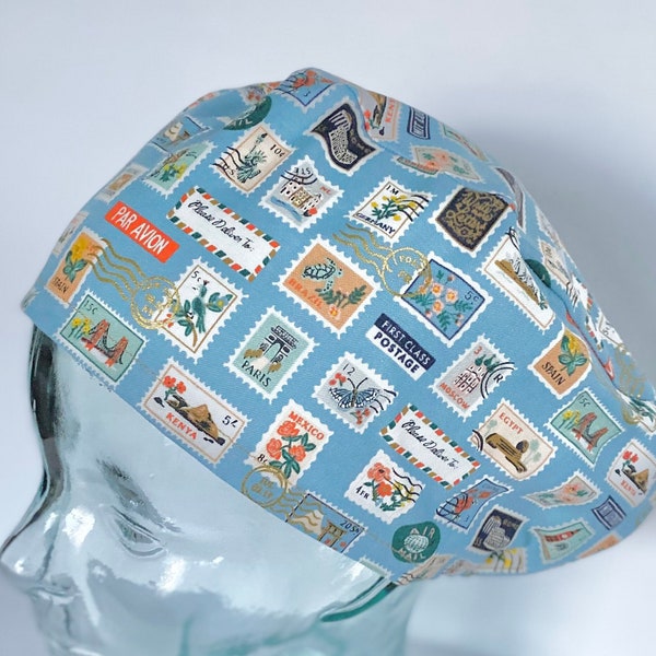 Rifle Paper Co Blue Metallic  Postage Stamps European Style Adjustable Scrub Cap, Satin Lining Optional Buttons Optional