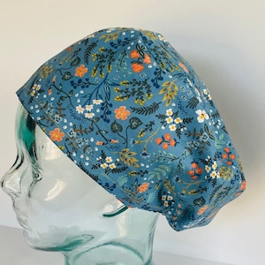 Rifle Paper Co Wildwood Blue Metallic European Style Adjustable Scrub Cap, Satin Lining Optional, Buttons Optional
