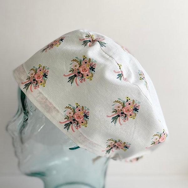 Rifle Paper Co English Garden Bouquet Cream Euro Style Scrub Cap or Ponytail Style Scrub Cap, Satin Lining Optional, Buttons Optional