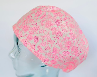 Rifle Paper Co Moxie Floral on Pink Euro Style Adjustable Scrub Cap or Ponytail Style Scrub Cap, Satin Lining Optional, Buttons Optional