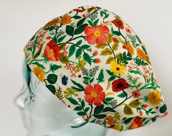 Rifle Paper co Poppy Fields Cream (Camont) Euro Style Adjustable Scrub Cap or Ponytail Scrub Cap, Satin Lining Optional, Buttons Optional