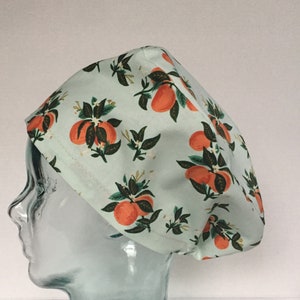Rifle paper Co Citrus Blossom in Orange Metallic Euro Style Adjustable Scrub Cap or Ponytail Style Cap,Satin Lining and Buttons Optional