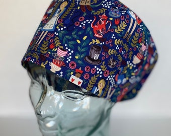Rifle Paper Co Alice in Wonderland Metallic Navy Euro Style Adjustable Scrub Cap or Ponytail Style Cap,Satin Lining and Buttons Optional