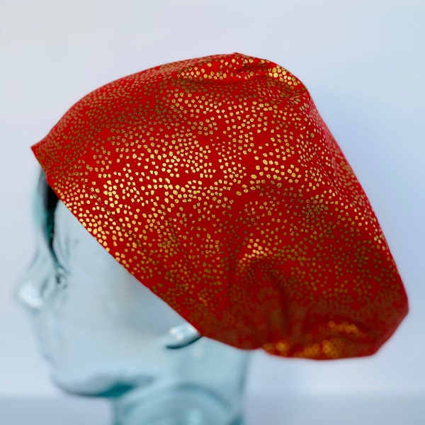 Rifle Paper Co Menagerie Champagne in Red MetallicEuropean Style Adjustable Scrub Cap,Ponytail Style Optional, Buttons/Satin Lining Optional