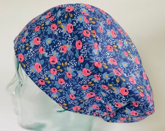 Rifle Paper Co Les Fleurs Rosa in Navy Euro Style Adjustable Scrub Cap or Ponytail Style Scrub Cap,Satin Lining Optional,Buttons Optional