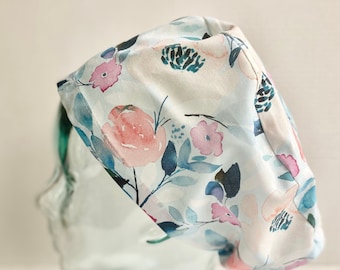 Watercolor Medium Flowers  Euro Style Adjustable Scrub Cap or Ponytail Style Scrub Cap, Satin Lining Optional, Buttons Optional