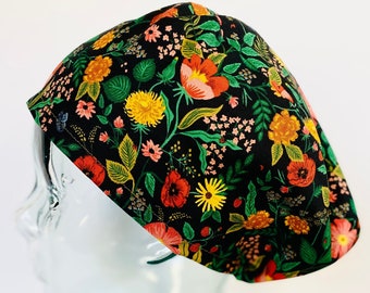 Rifle Paper Co Camont Collection Poppy Fields on Black Euro Adjustable Scrub Cap or Ponytail Cap, Satin Lining Optional, Buttons Optional
