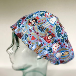 Rifle Paper Co Alice in Wonderland on Ceil Blue Euro Style Scrub Cap or Ponytail Style Scrub Cap,Satin Lining and Buttons Optional