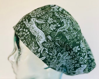 Rifle Paper Co Wildwood Fable  Green Euro Style Adjustable Scrub Cap or Ponytail Style Scrub Cap, Satin Lining Optional, Buttons Optional