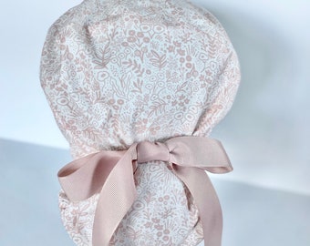Rifle Paper Co  Tapestry in Pale Pink   Ponytail Scrub Cap , Buttons optional, Satin Lining optional