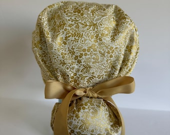 Rifle Paper Co  Tapestry in Gold Ponytail Scrub Cap , Buttons optional, Satin Lining optional