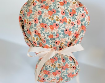 Rifle Paper Co Primavera Rosa Peach Ponytail Scrub Cap , Buttons optional, Satin Lining optional