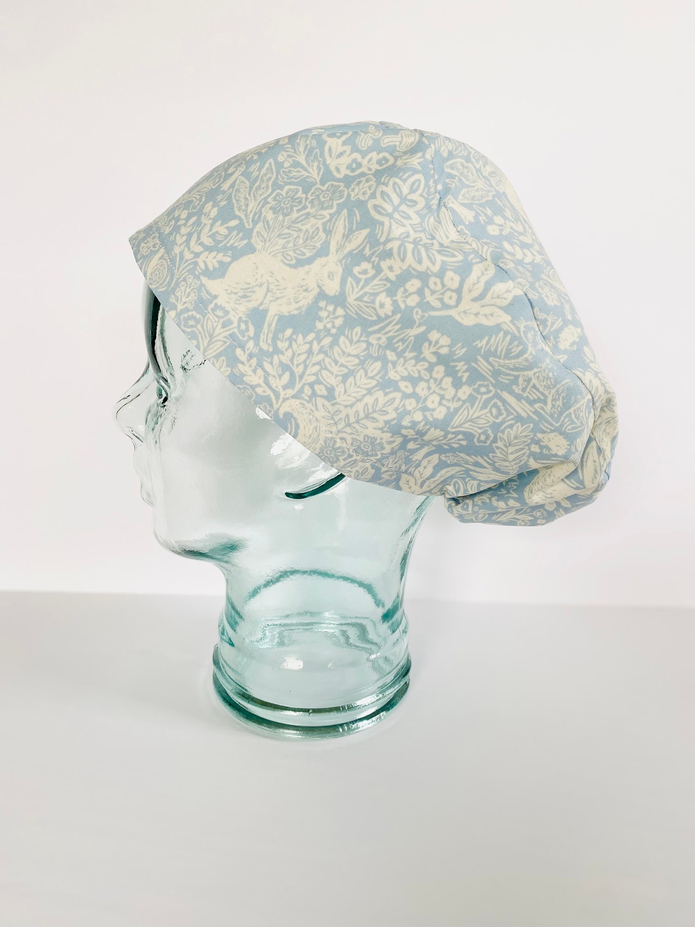 Rifle Paper Co Wildwood Fable Cream and Blue Euro Style Adjustable Scrub Cap, Satin Lining Optional, Buttons Optional