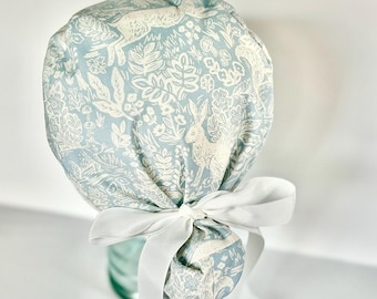 Rifle Paper Co Wildwood Fable Cream and Blue Ponytail Scrub Cap with Cream Ribbon , Buttons optional, Satin Lining optional