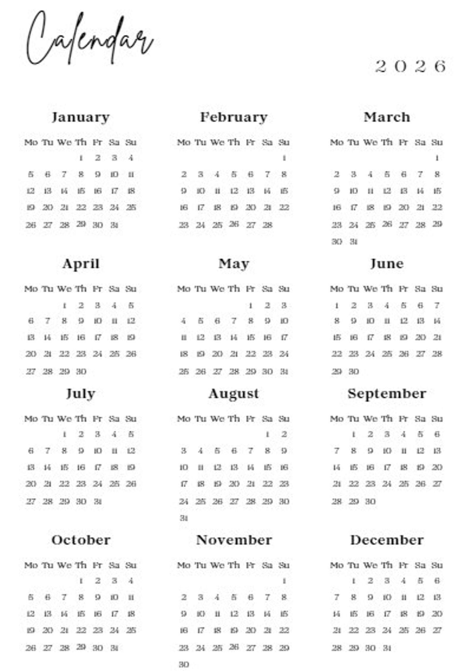 Printable 2026 Year View Calendar Etsy
