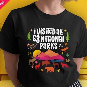 Chemise J'ai visité les 63 parcs nationaux, t-shirt liste de seaux de voyage aux États-Unis, sweat à capuche de voyage carte des États-Unis, cadeau Wanderlust