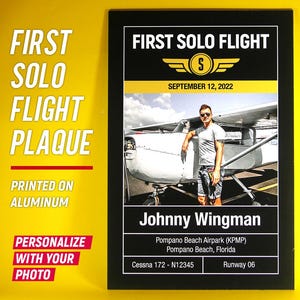 Erste Solo Plakette, erste Solo Aluminiumplatte personalisiert mit Foto, Geschenk für Schülerpilotenleistung