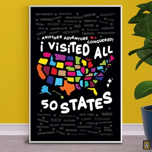 Póster de los 50 estados visitados, arte mural con el desafío de viajar por los 50 estados, decoración del hogar con la lista de deseos de viajes por los Estados Unidos, regalo con el mapa de los Estados Unidos para la pasión por viajar