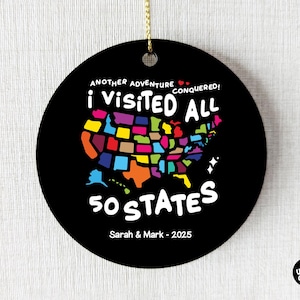 50 States Travel Commemorative Ornament, I Visited All 50 States,  USA Map Circle Ornament, 50 State Challenge Gift