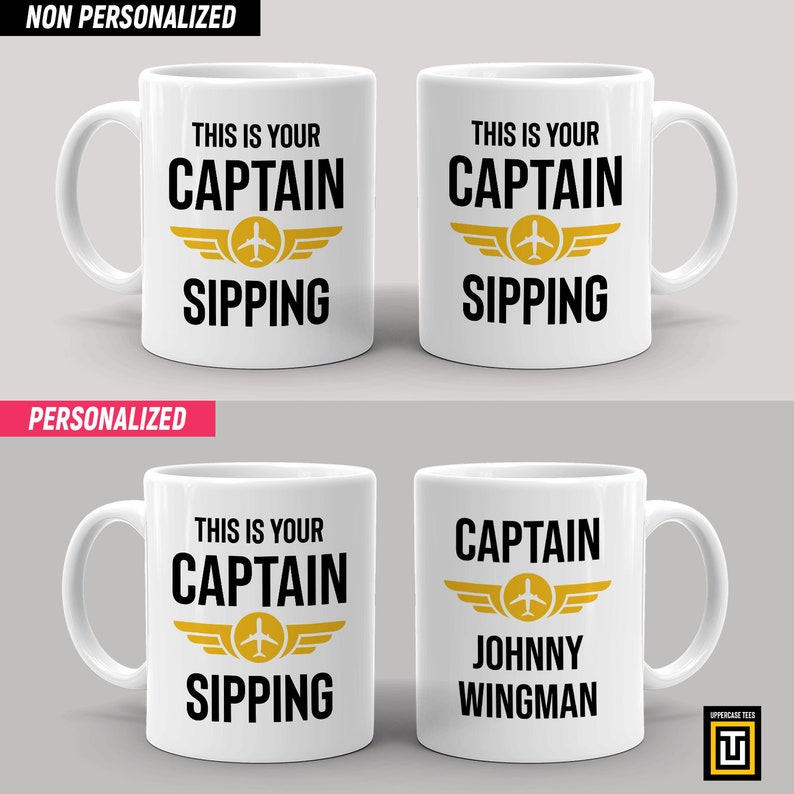 11oz white mug with a graphic of an aviator wings badge and the text this is your captain sipping on one side and personalized name on the other side