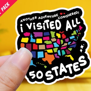 Visite la hoja de calcomanías de los 50 estados, desafío de viaje de los 50 estados, calcomanías de 2 en 3 en 4 pulgadas, lista de cubos de viaje de los Estados Unidos, regalo de viaje del mapa de los EE. UU.