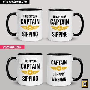 11oz white mug black handle with a graphic of an aviator wings badge and the text this is your captain sipping on one side and personalized name on the other side