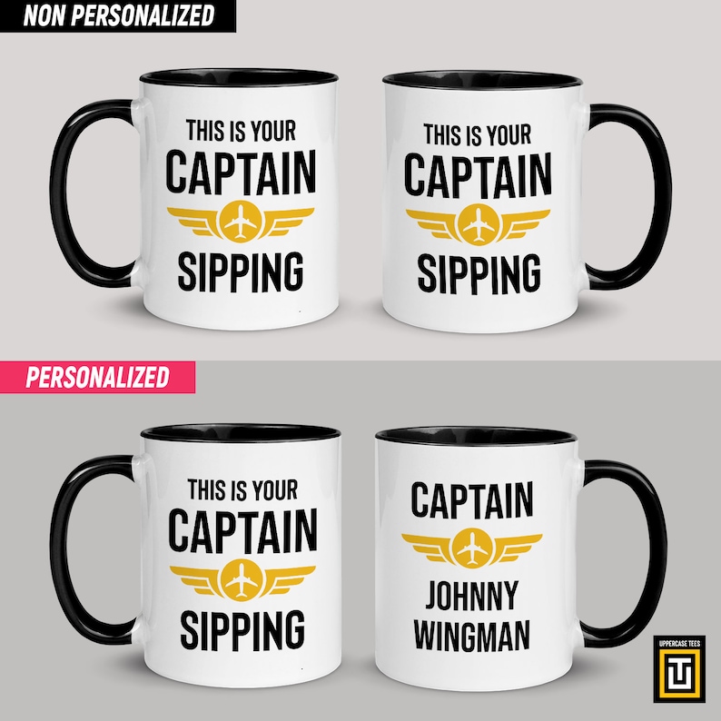 11oz white mug black handle with a graphic of an aviator wings badge and the text this is your captain sipping on one side and personalized name on the other side