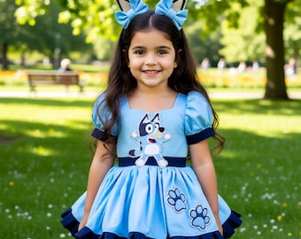Custom Bluey Inspired Dress Costume Disney World Magic Kingdom Disneyland Cruise Birthday Outfit Rhinestoned Embroidered Baby Girl NB-10