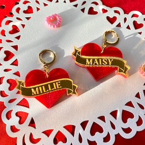 Custom Red Heart Banner Earrings | Valentine’s Day Earrings | Holiday | Laser Cut Acrylic