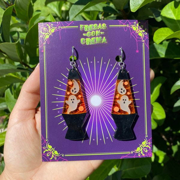 Pendientes de lámpara de lava fantasma de Halloween / Pendientes acrílicos naranjas y negros