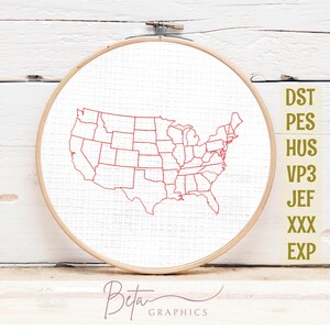 United States map outline redwork machine embroidery design digital download, dst, pes, jef, exp, hus, xxx, vp3, EMB