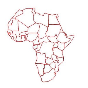 May include: A red outline of the African continent, showcasing the geographical boundaries of various countries. The map is set against a plain white background, highlighting the detailed borders.