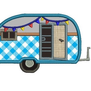 May include: A blue and white gingham camper with a door and a window. The camper has a grey roof and a string of colourful bunting hanging above it.