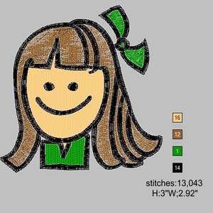 May include: Embroidered design of a smiling girl with brown hair and a green bow. The design is 3 inches tall and 2.92 inches wide and has 13,043 stitches.