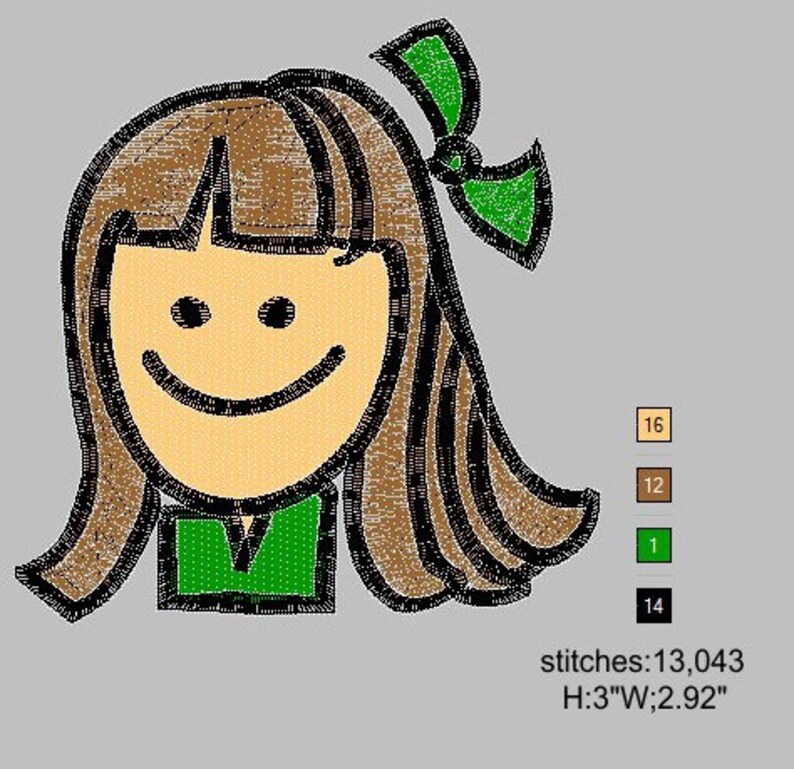 May include: Embroidered design of a smiling girl with brown hair and a green bow. The design is 3 inches tall and 2.92 inches wide and has 13,043 stitches.