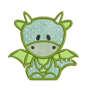 May include: A green and blue cartoon dragon with a polka dot pattern. The dragon has a small, round body, large eyes, and a small, pointed tail.