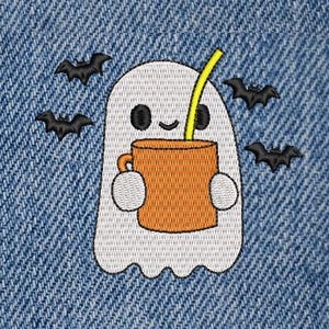 Ghost holding coffee cup Halloween machine embroidery design files