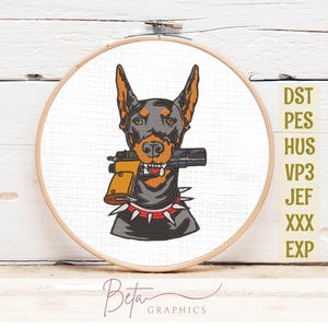 Dog with gun, doberman pinscher machine embroidery design files, digital download, dst, pes, jef, exp, hus, xxx, vp3, EMB
