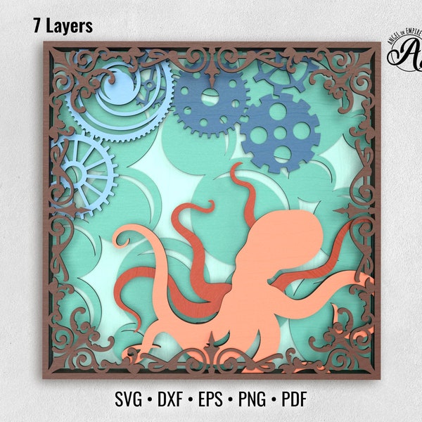 Steampunk Octopus 3D layered shadowbox SVG files for laser cutting, paper cutting, CNC router, Glowforge, or Cricut Steampunk Octopus 3D layered shadowbox SVG files for laser cutting, paper cutting, CNC router, Glowforge, or Cricut
