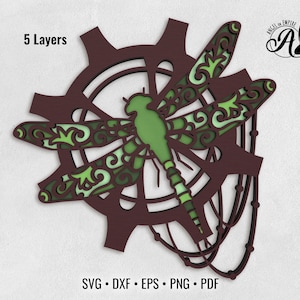 Pliki SVG do cięcia Steampunk Dragonfly on a Gear, 5-warstwowe (pobieranie cyfrowe)