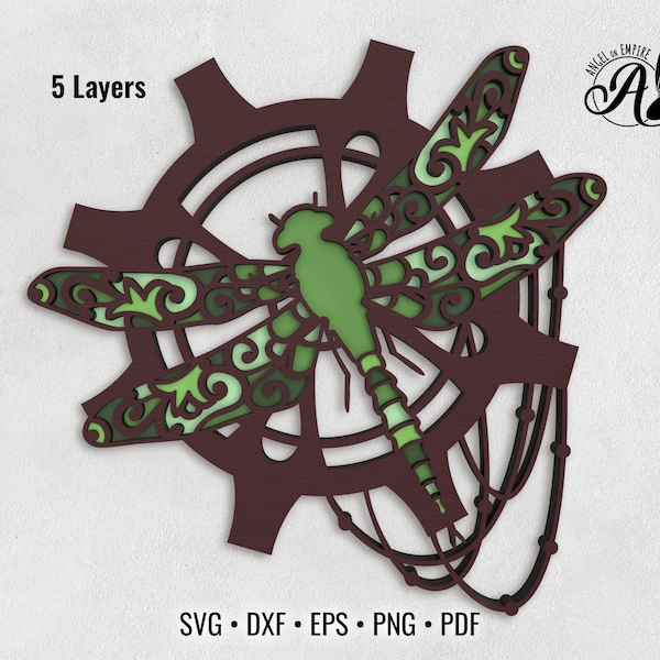 Steampunk Dragonfly on a Gear layered SVG files for laser cutting, paper cutting, CNC router, Glowforge, or Cricut