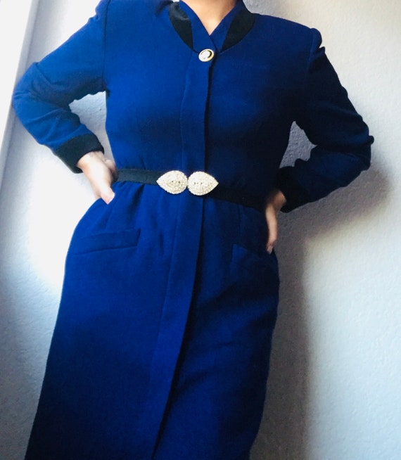 Vintage Royal Blue Wool Coat Velvet Trim