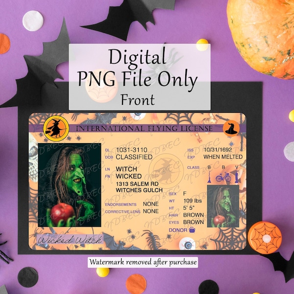 Wicked Witch Flying License | License PNG | Sublimation Designs | Instant Digital Download | Halloween | Fake ID