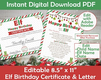 Elf Birthday Letter and Certificate Bundle | Happy Birthday From Your Elf Letter | Elf Birthday | Printable Editable | Print-At-Home PDF