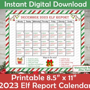 Elf Report Calendar 2023 / Printable / Instant Download / Christmas Calendar / Naughty and Nice Behavior Chart / Elf Letter / PDF, JPG, PNG