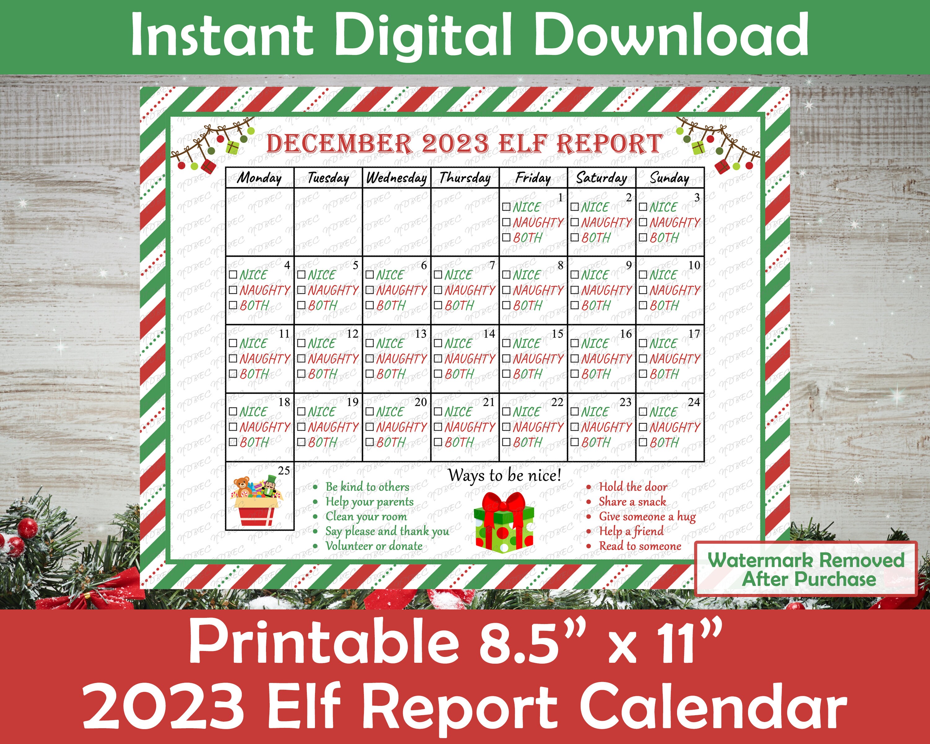 Elf Report Calendar 2023 / Printable / Instant Download / Christmas Calendar  / Naughty and Nice Behavior Chart / Elf Letter / PDF, JPG, PNG - Etsy