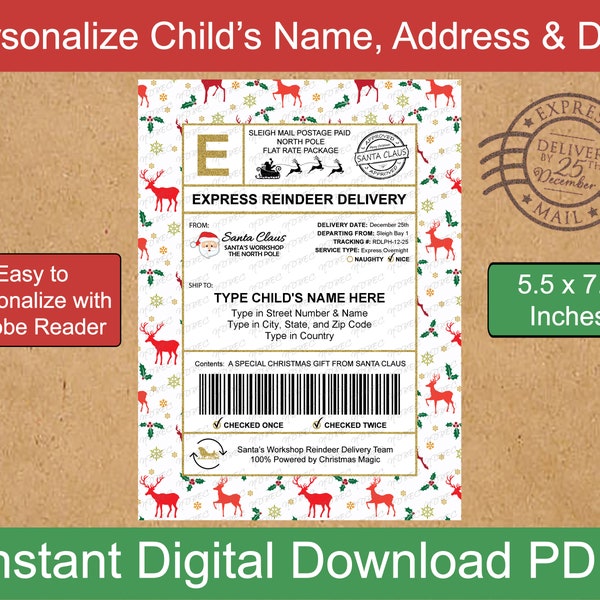 Editable Santa Shipping Label Template 5.5x7.5 | North Pole Mail | Sleigh Mail Label | Digital Download + Printable with Adobe Reader | PDF
